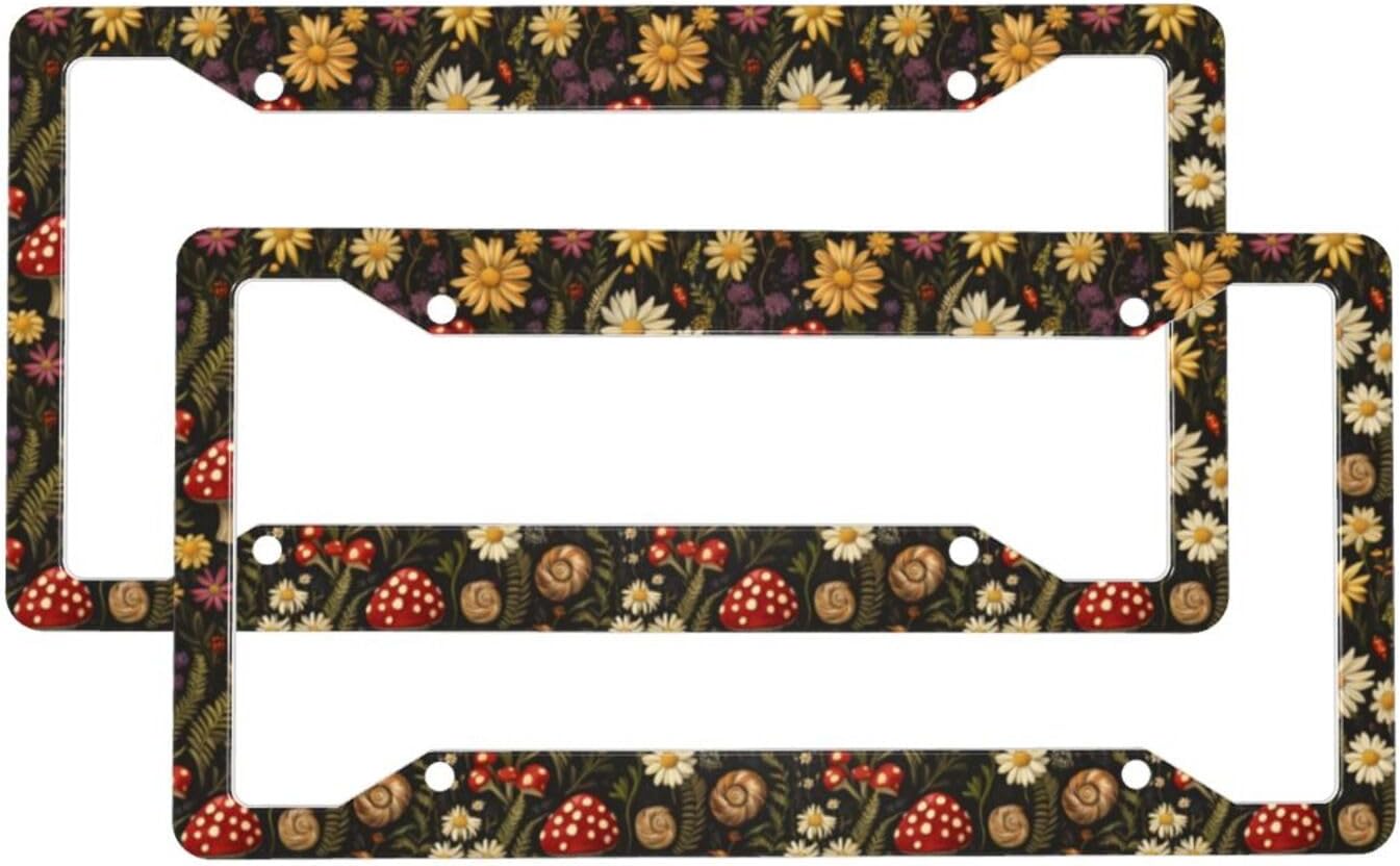 2 Pcs Car License Plate Frames for Women Men – Vintage Mushroom Plant Print Solid Aluminum License Plate Cover for Car Accessories with Fasteners