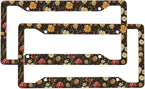 2 Pcs Car License Plate Frames for Women Men - Vintage Mushroom Plant Print Solid Aluminum License Plate Cover for Car Accessories with Fasteners