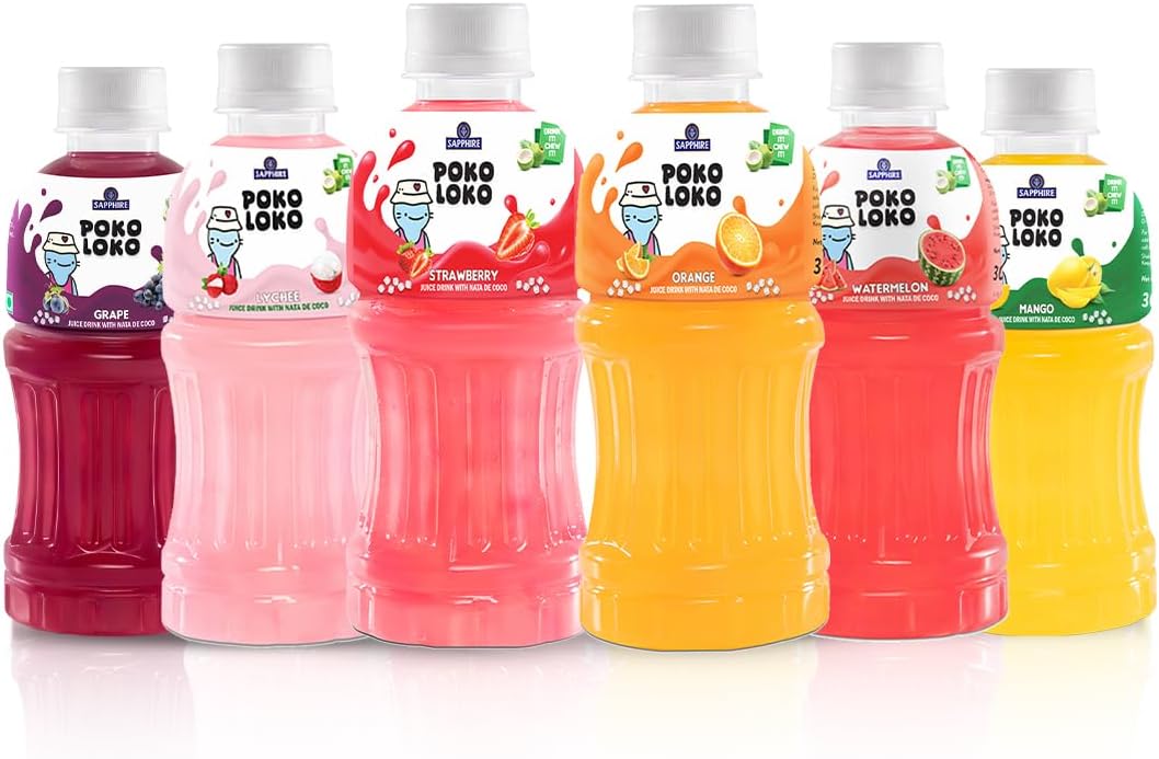 Poko Loko Assorted Flavoured Fruit Juice Drink with Nata De Coco | Refreshing Fruit Drink filled with Natural Fruit Fibres, 300ml (Pack of 6)