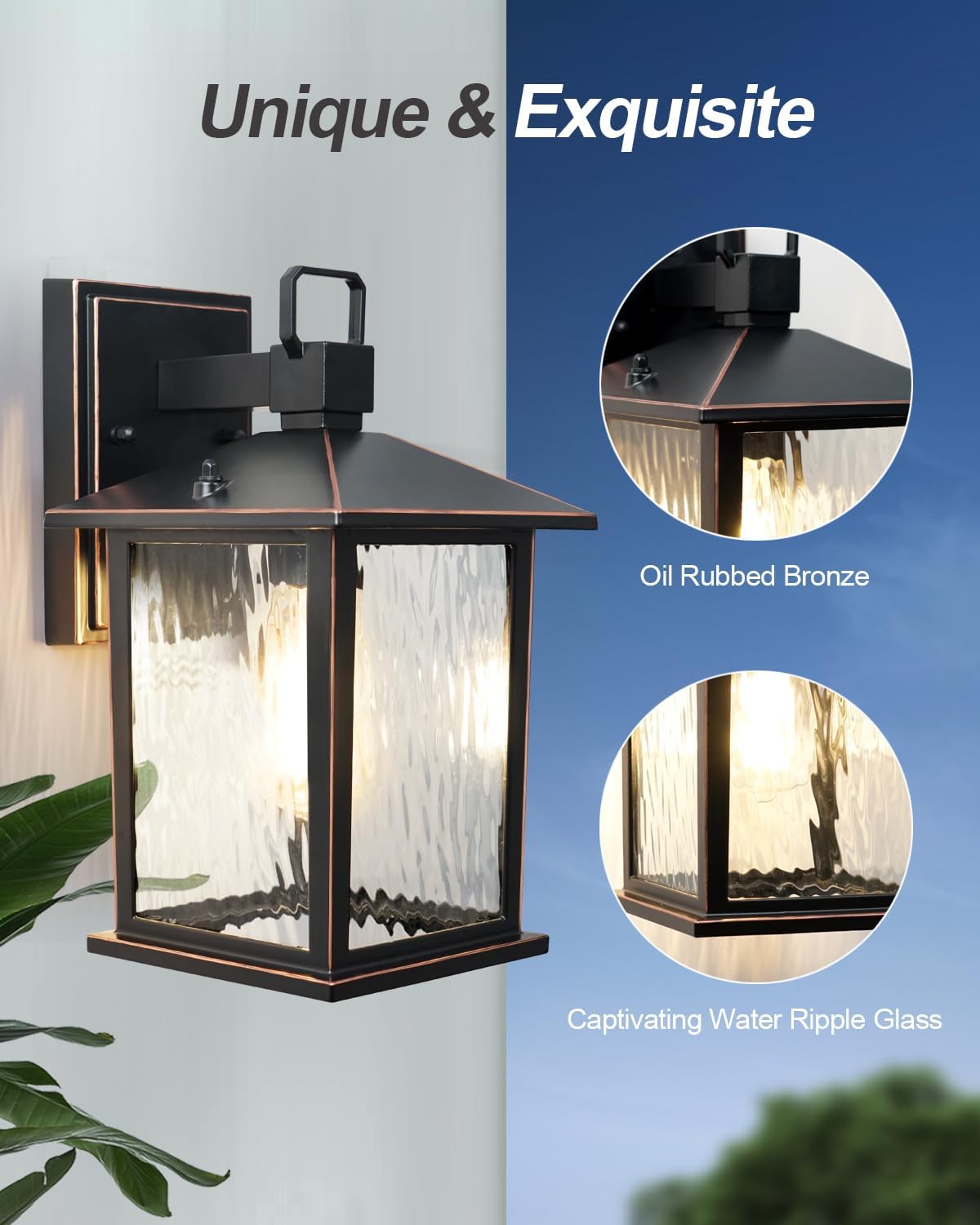 Oil Rubbed Bronze Outdoor Wall Light, 12'' Exterior Lighting Fixture with Water Ripple Glass, Hardwired Die-Casting Aluminum Porch Light, Waterproof Outside Wall Sconce, Bulb Not Included