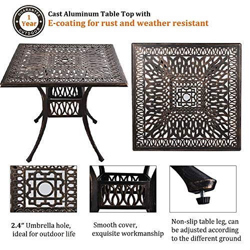 Grepatio 5 Piece Cast Aluminum Patio Dining Set Outdoor Furniture Set Patio Garden Set With 4 Dining Chairs With Red Cushion, 1 Patio Square Table, 2.4" Umbrella Hole Antique Bronze #TOP1