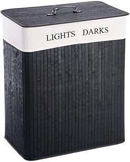 Bamboo Laundry Basket 100L Collapsible Bamboo With 2 Compartments Laundry Hamper Laundry Basket Removable Lining Large Laundry Bins Laundry Hamper with Lid Bamboo Laundry Storage basket (Black)