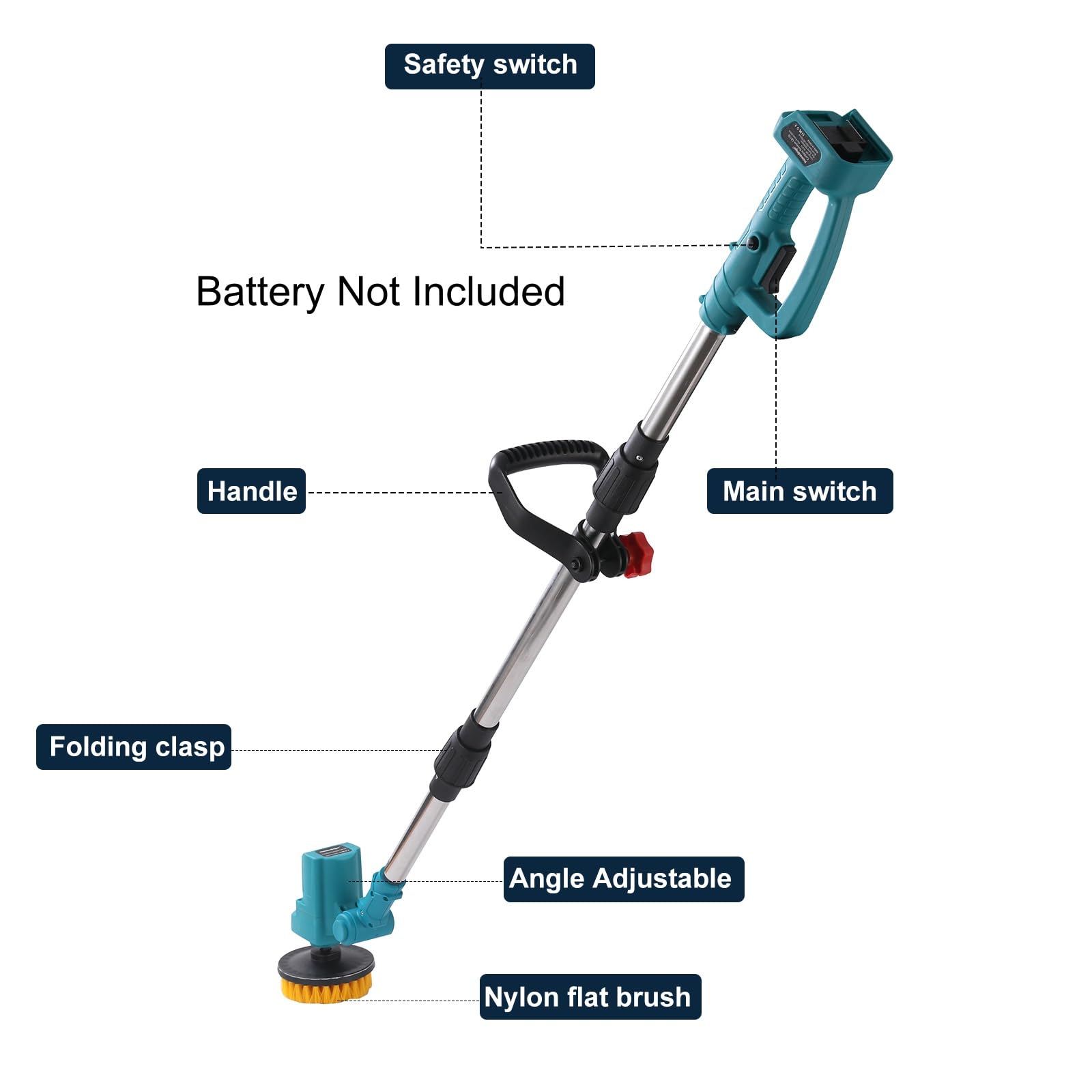 Scrubber elettrico extra lungo pieghevole compatibile con batteria Makita da 18 V (solo strumento), spazzola rotante ricaricabile senza fili, 1800 giri/min, spazzola per la pulizia senza fili con 6