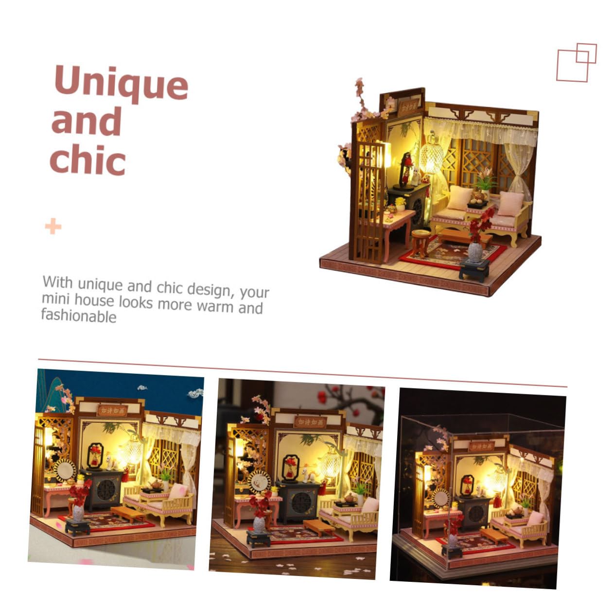 Gatuida Kit Casa delle Bambole Fai da Te in Legno e Tessuto Luci Led, Struttura Statica Decorativa per Decorazioni Casa e Miniature da Tavolo, Regalo Creativo per Compleanni
