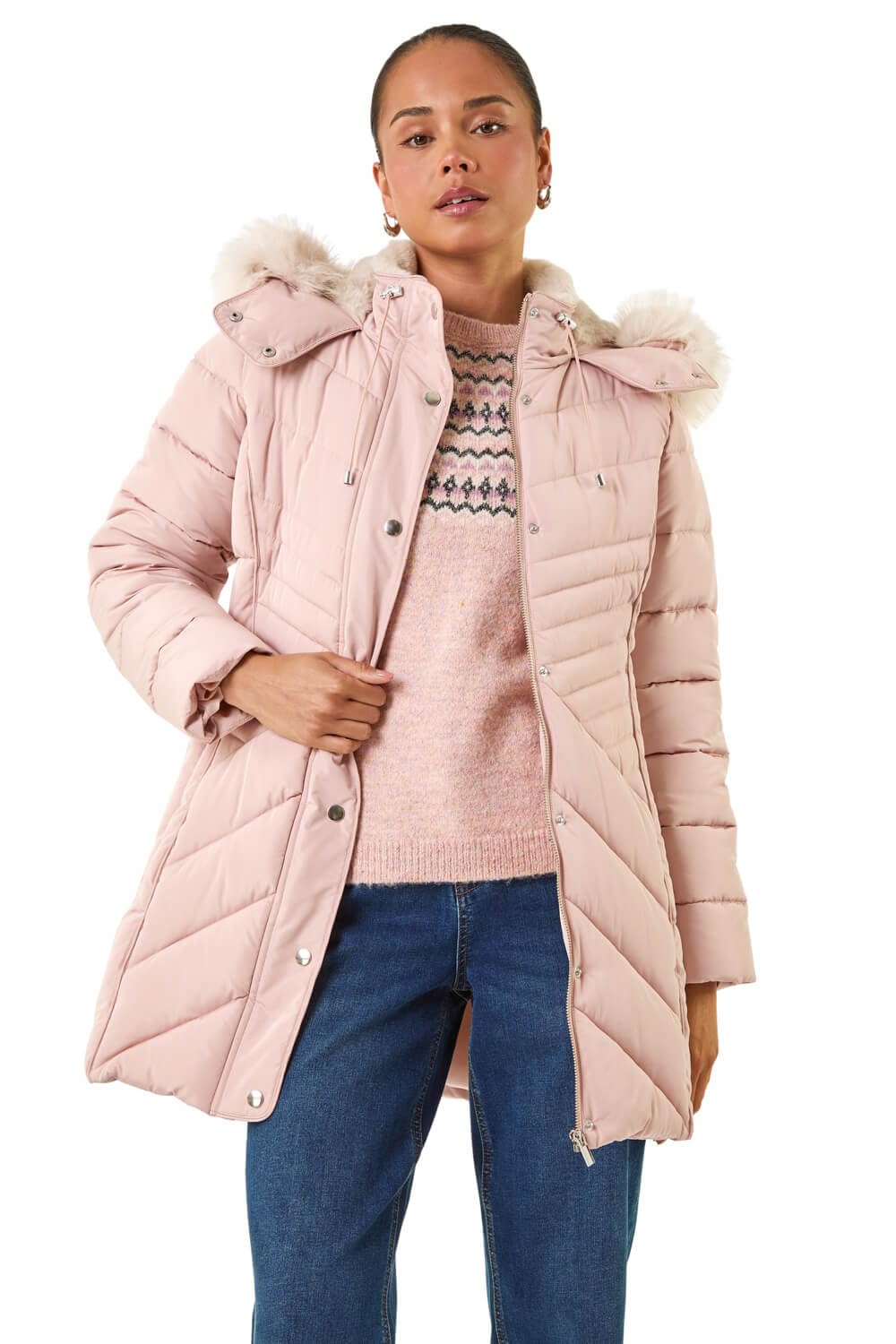 Roman Quilted Padded Coat for Women UK - Ladies Parka Winter Jacket Faux Fur Trim Hooded Short Autumn Waterproof Water Resistant Everyday Holiday Comfy Work - Petite Light Pink - Size 12