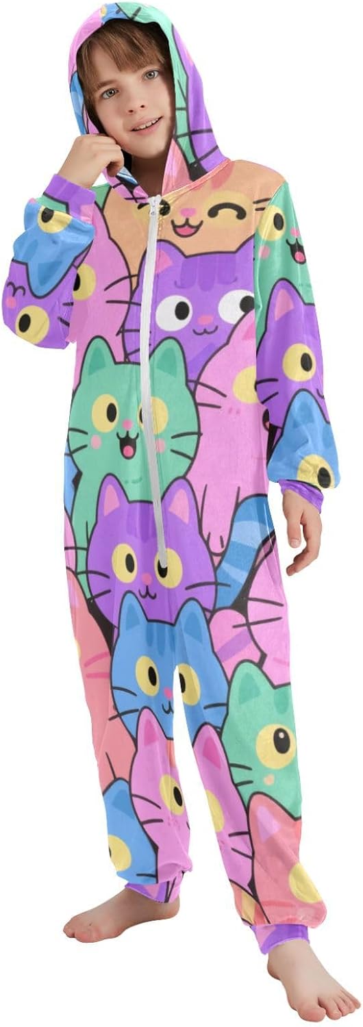 Onesie Pajamas Long Sleeve Hooded One-Piecing Sleeper Loungewear for Parties Sleepovers 4-14Y
