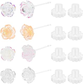 4 Pairs Rose Plastic Earrings, Hypoallergenic Transparent 3D Flower Studs, 4 Styles of Surgical Plastic Earrings for Sensitive Ears, Women's Earrings, Sports Earrings