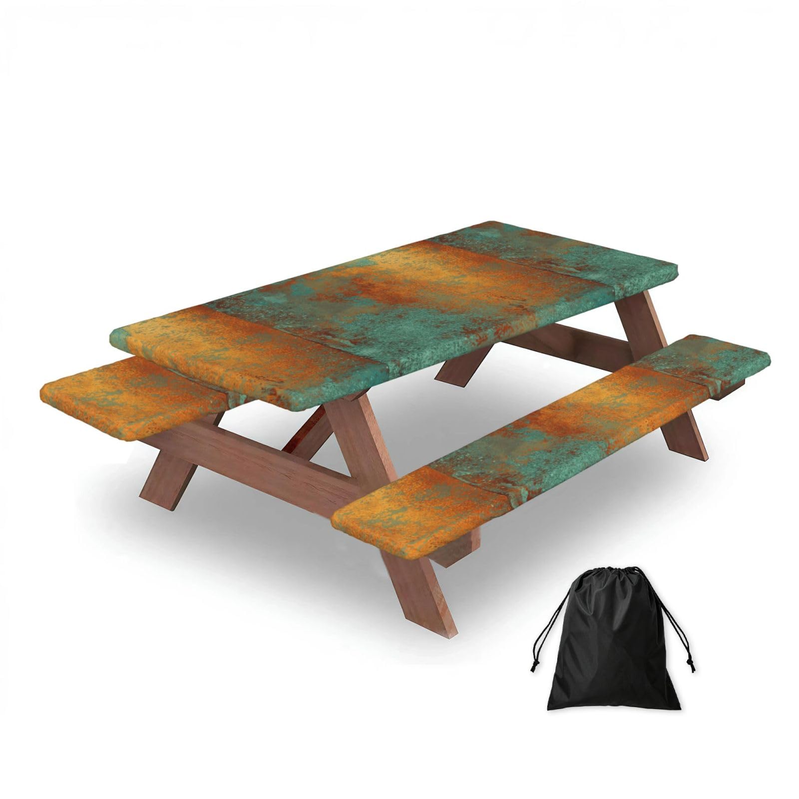 Dopklna As Picture Trendy Rich Copper Patina Metallic, Picnic Table Cover With Bench Covers -Waterproof Elastic Fitted Tablecloth For Garden Camping Patio 76X152cm