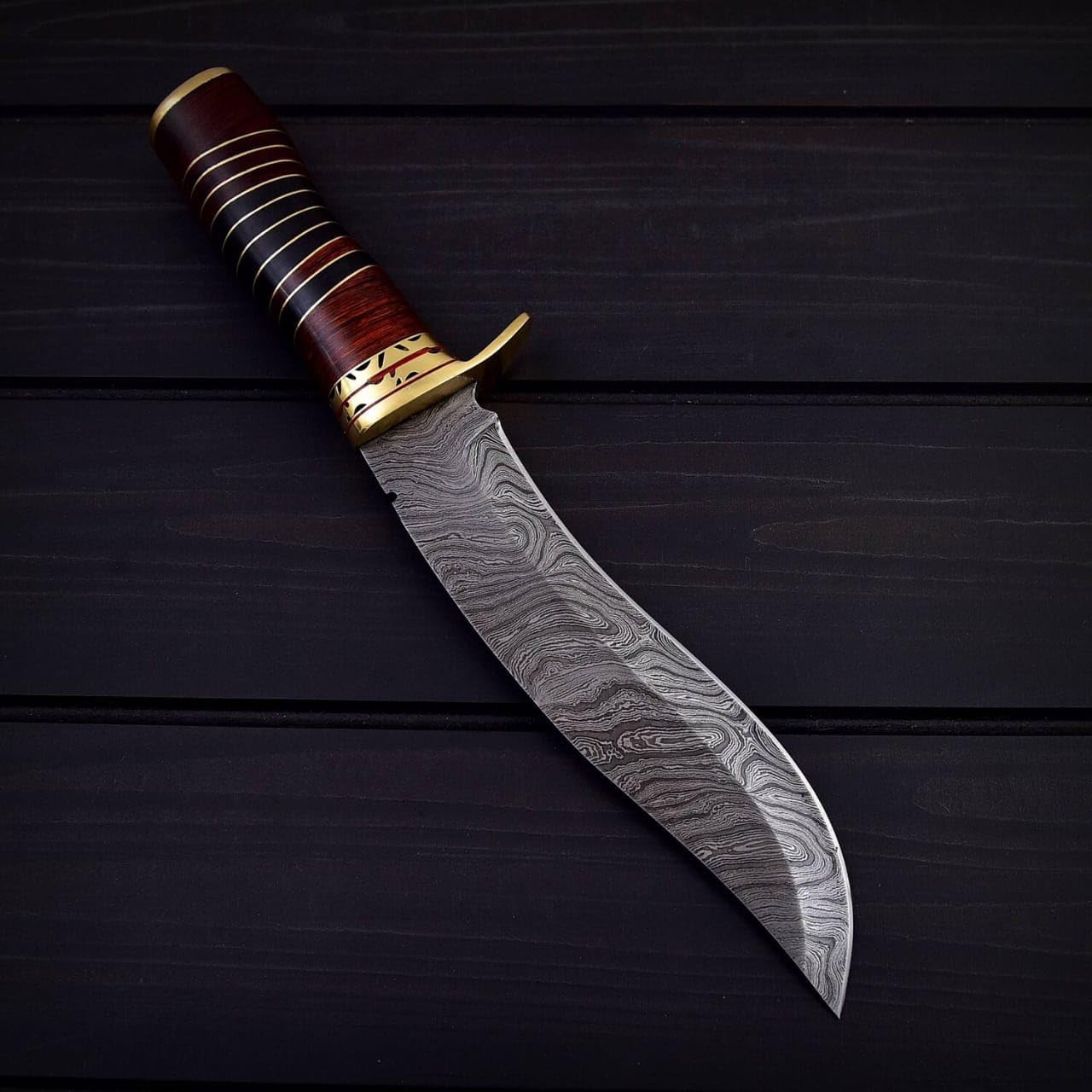 Custom Handmade Damacus Steel Bowie Knife, EDC Fixed Blade Knife for Hunting, Camping, Outdoor Activities, File Worked Brass Guard Pakka Wood Decorated Handle, Premium Leather Sheath
