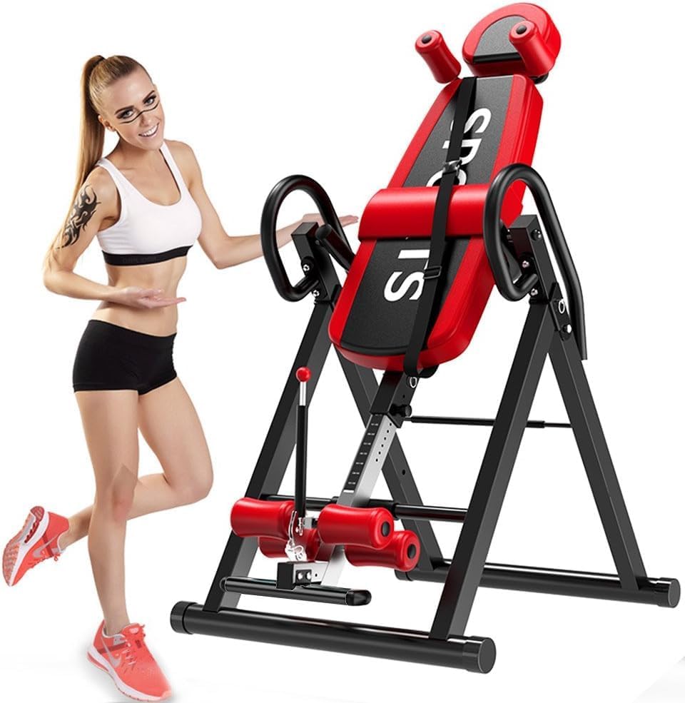 Image of the YOLEO Inversion Table in its folded position for compact storage.