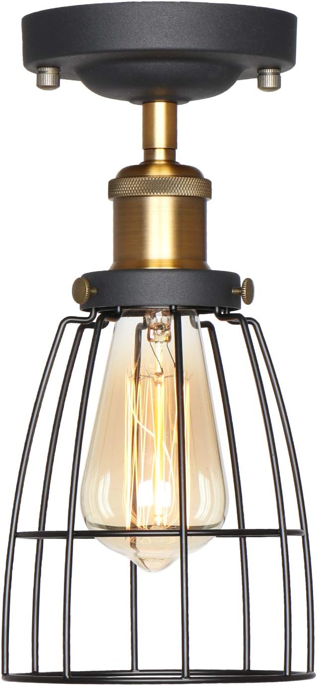 Vintage Industrial Matt Bronze Semi Flush Mount Ceiling Light Fixtures, TANGSHI Edison Style Metal Hanging Lights, Farmhouse Lighting Metal Cage Pendant Lighting Shade