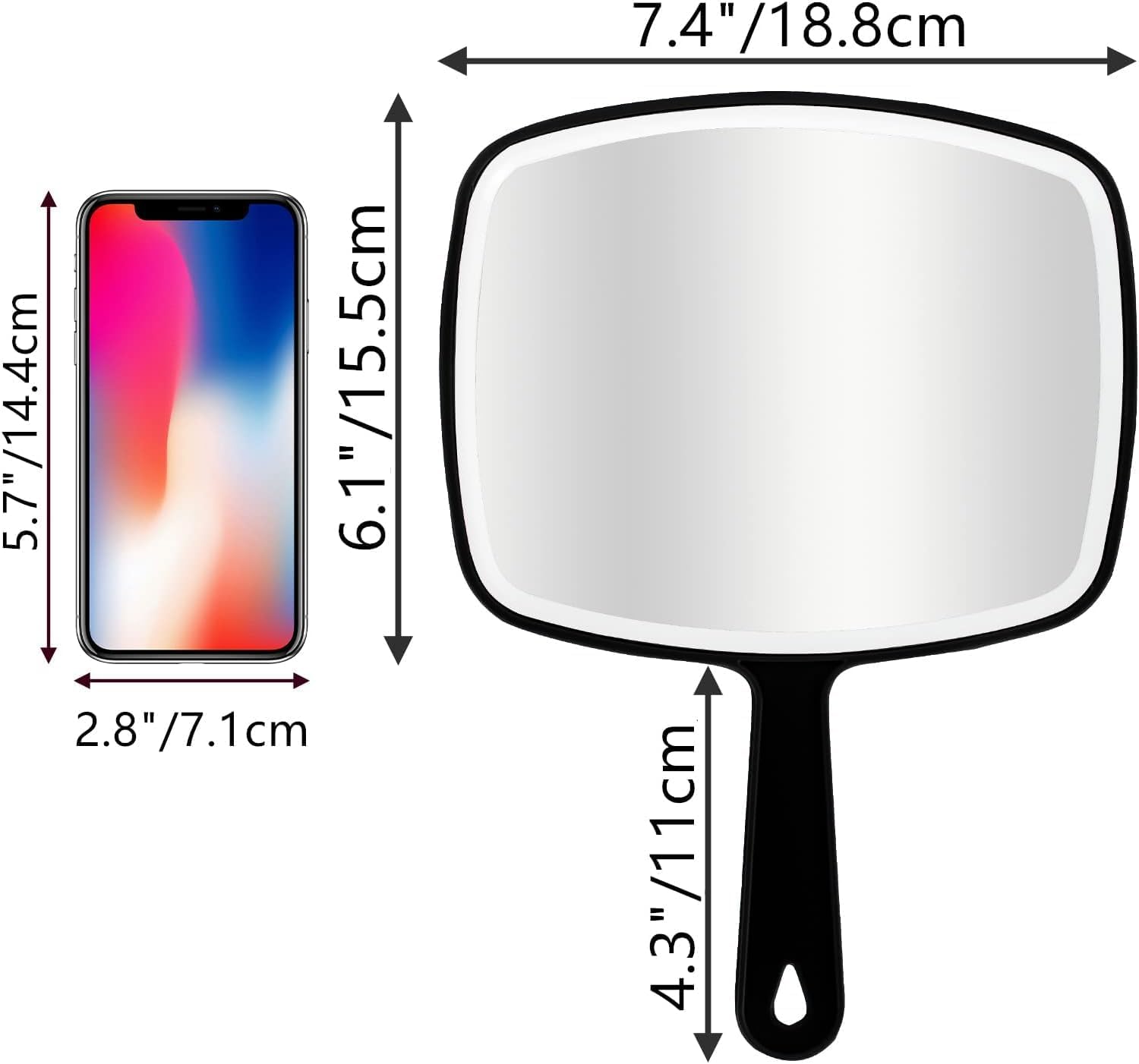 2Pcs Handheld Mirror, Portable Hand Mirror with Hanging Hole in Handle, Black 10.4" L x 7.4" W