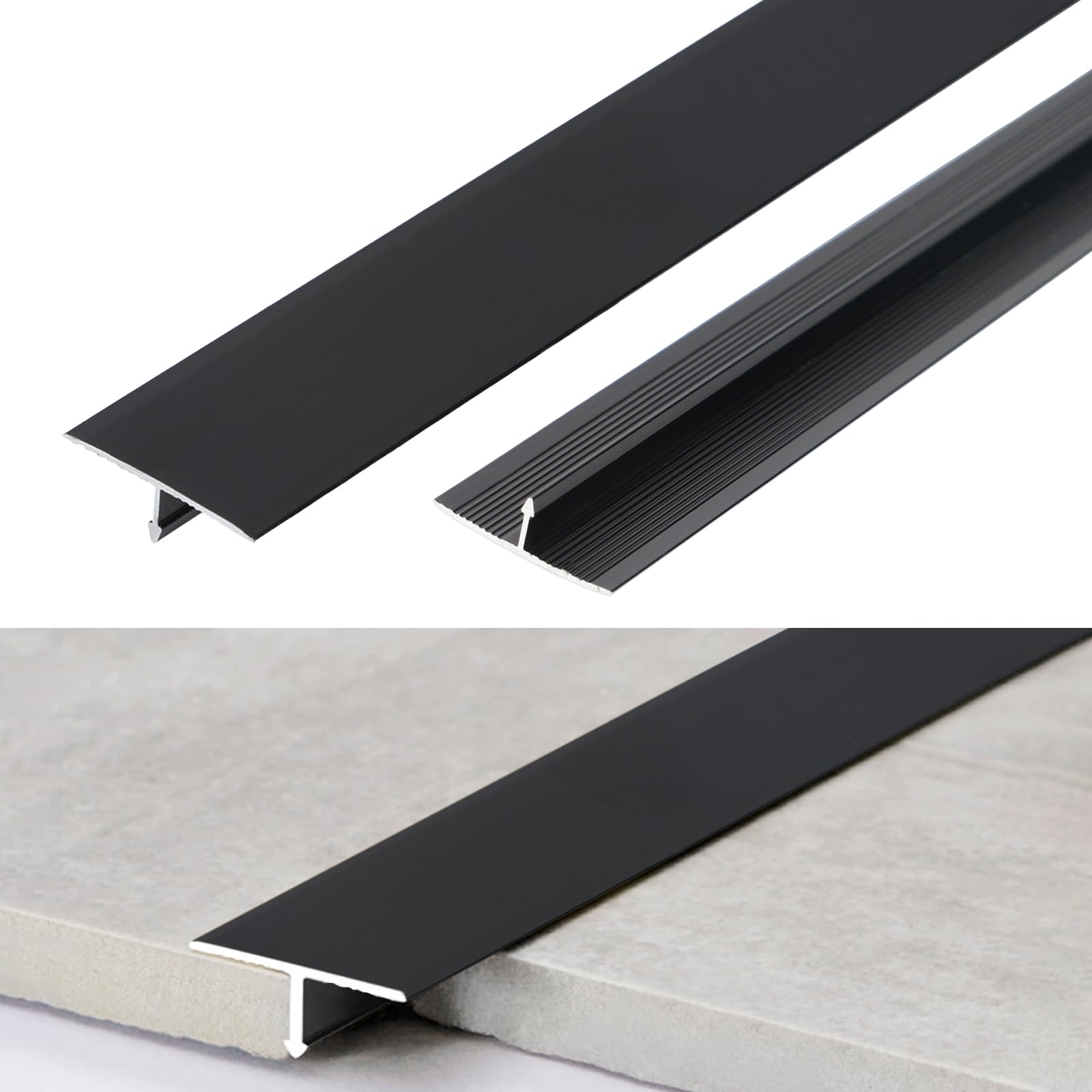 T Molding Floor Transition Strips, 3Pcs x 90cm x 2cm Aluminum Floor Flat Divider Strip, Laminate Profile Flooring Edge Trim Cover Strips for Joining Floor Gaps Doorways (Matte Black)