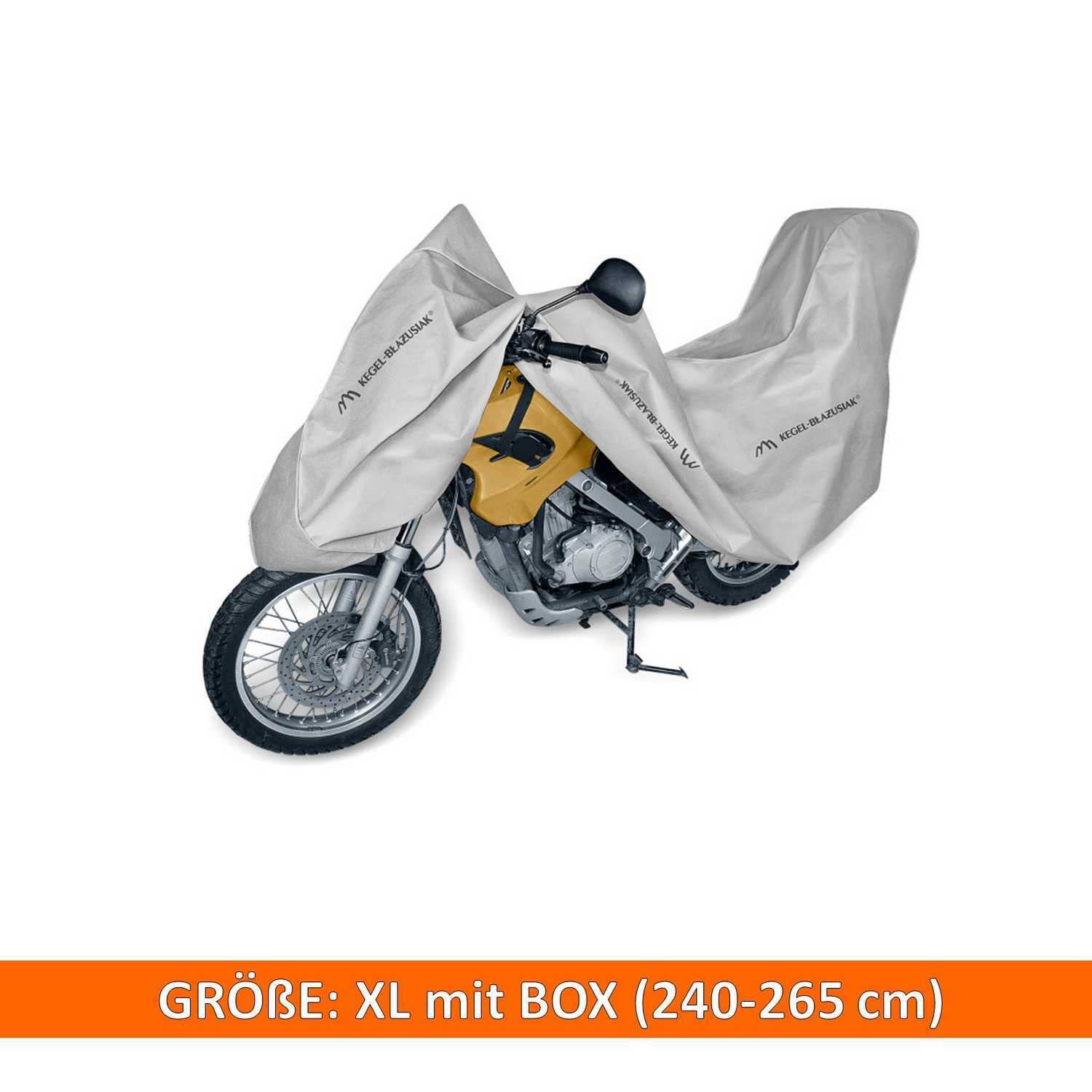 Plandeka na motocykl, pokrowiec na motocykl, garaż XL z pudełkiem, 240-265 cm, szara, wodoodporna i bardzo gruba plandeka na zewnątrz chroniąca przed deszczem, śniegiem, wiatrem, promieniowaniem UV, liśćmi i innymi zabrudzeniami