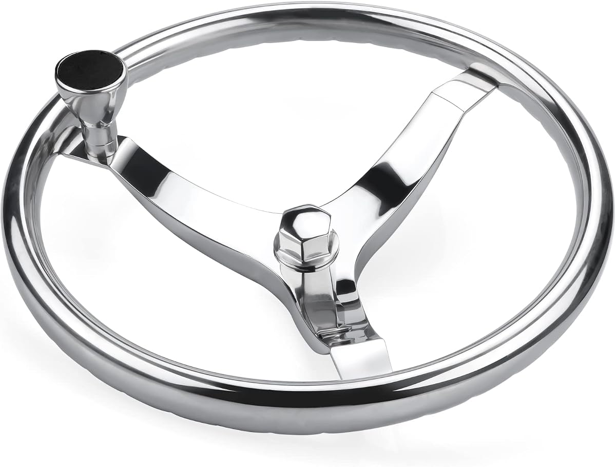 Stainless Steel Boat Steering Wheel 3 Spoke 13-1/2" Dia, with 5/8" -18 Nut and Turning Knob for Seastar and Verado