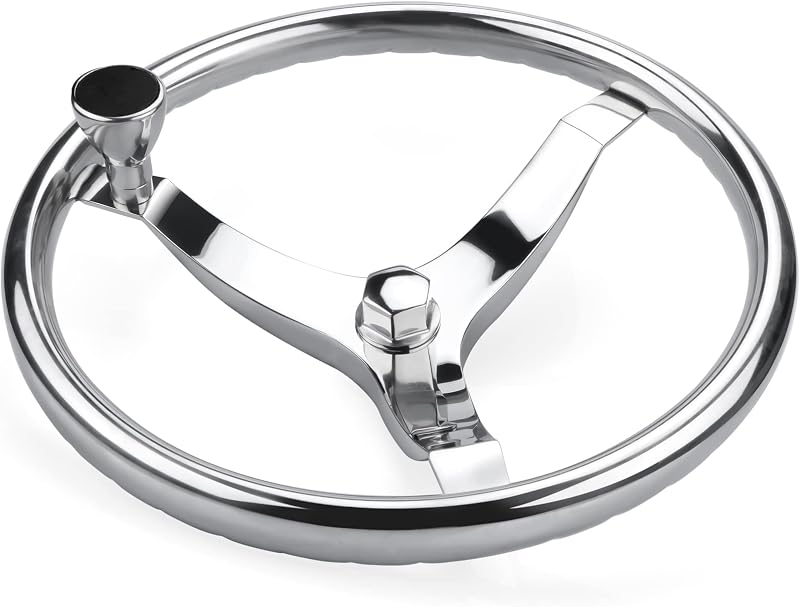 Stainless Steel Boat Steering Wheel 3 Spoke 13-1/2" Dia, with 5/8" -18 Nut and Turning Knob for Seastar and Verado