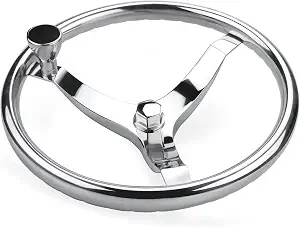 Stainless Steel Boat Steering Wheel 3 Spoke 13-1/2" Diameter with Nut and Turning Knob