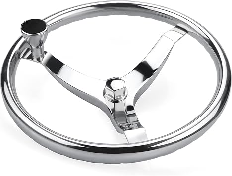 Stainless Steel Boat Steering Wheel 3 Spoke 13-1/2" Dia, with 5/8" -18 Nut and Turning Knob for Seastar and Verado