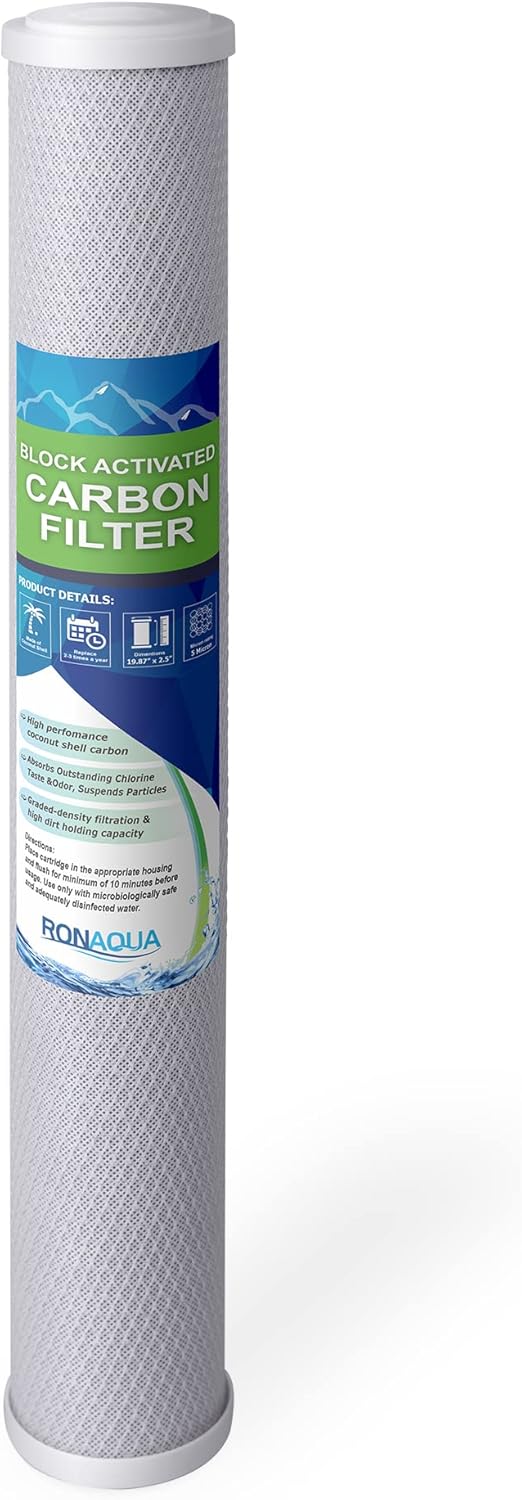 Standard Whole House Coconut Shell Carbon Block 5 Micron Water Filter 20” x 2.5” Fits 20” x 2.5” Housings. Remove Chlorine and Bad Odor. Compatible with C1-20, HX-CB-25-2010, F3WCB32