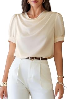 Dokotoo Women's Satin Cowl Neck Blouse Short Puff Sleeve Elegant Tops | Business Casual Outfits,Fashion,Dressy,Puff Sleeve,Spring,Summer,Work,Elegant,Office Clothes,Draped Top,Corporate Blouse