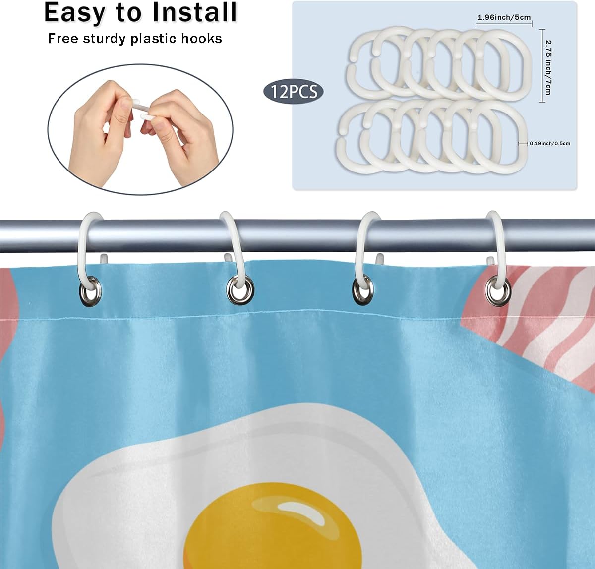 Bacon Eggs Shower Curtain Fabric Bath Curtain Set with Hooks Breakfast Decorative Bathroom Curtains Machine Washable 72Wx72H Inches image 3