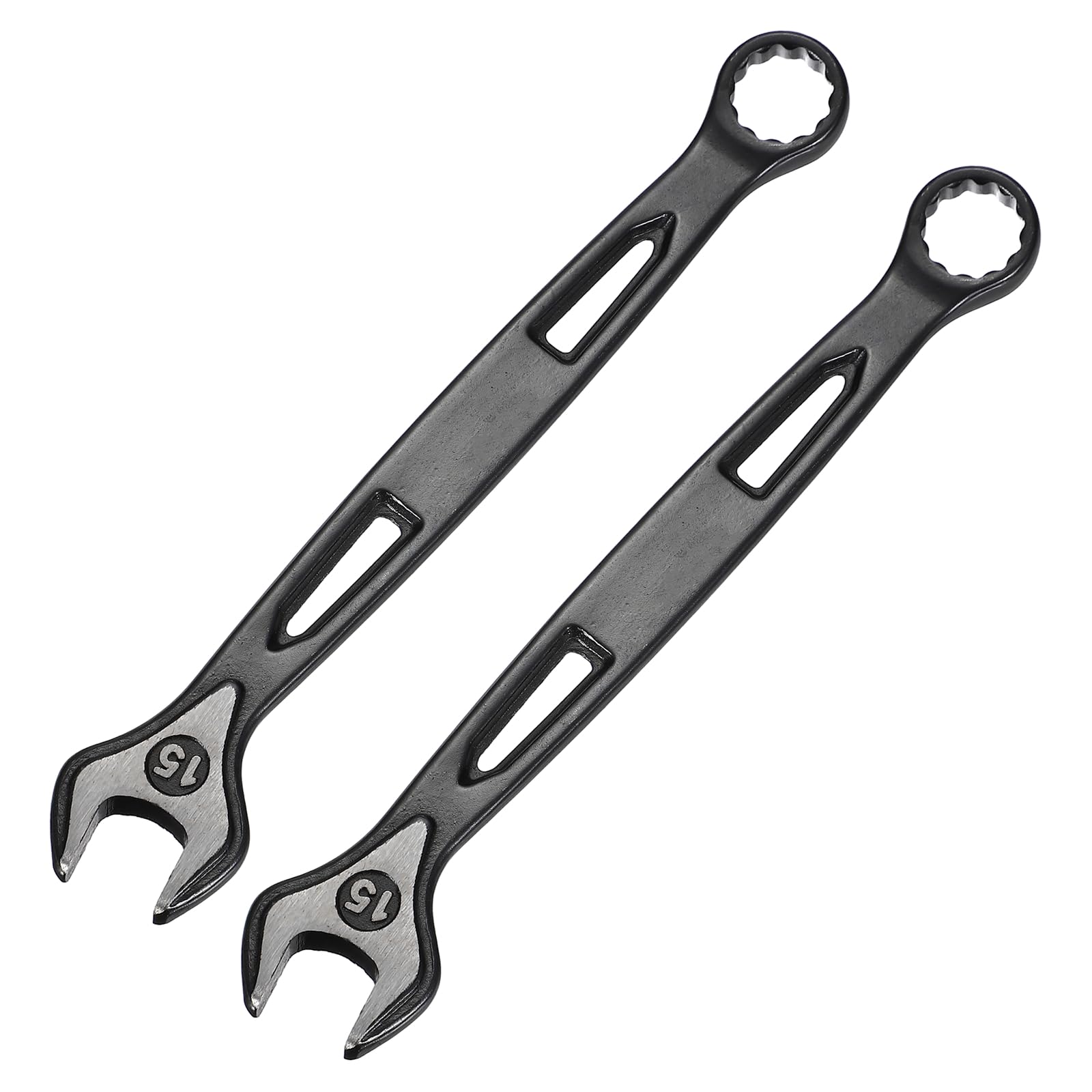 sourcing map 2pcs Combination Wrench 15mm Metric Extra Long 12-Point Box and Open End Carbon Steel Double Ended Industrial Grade Spanner for Automotive Furniture Machinery DIY Repair, Black