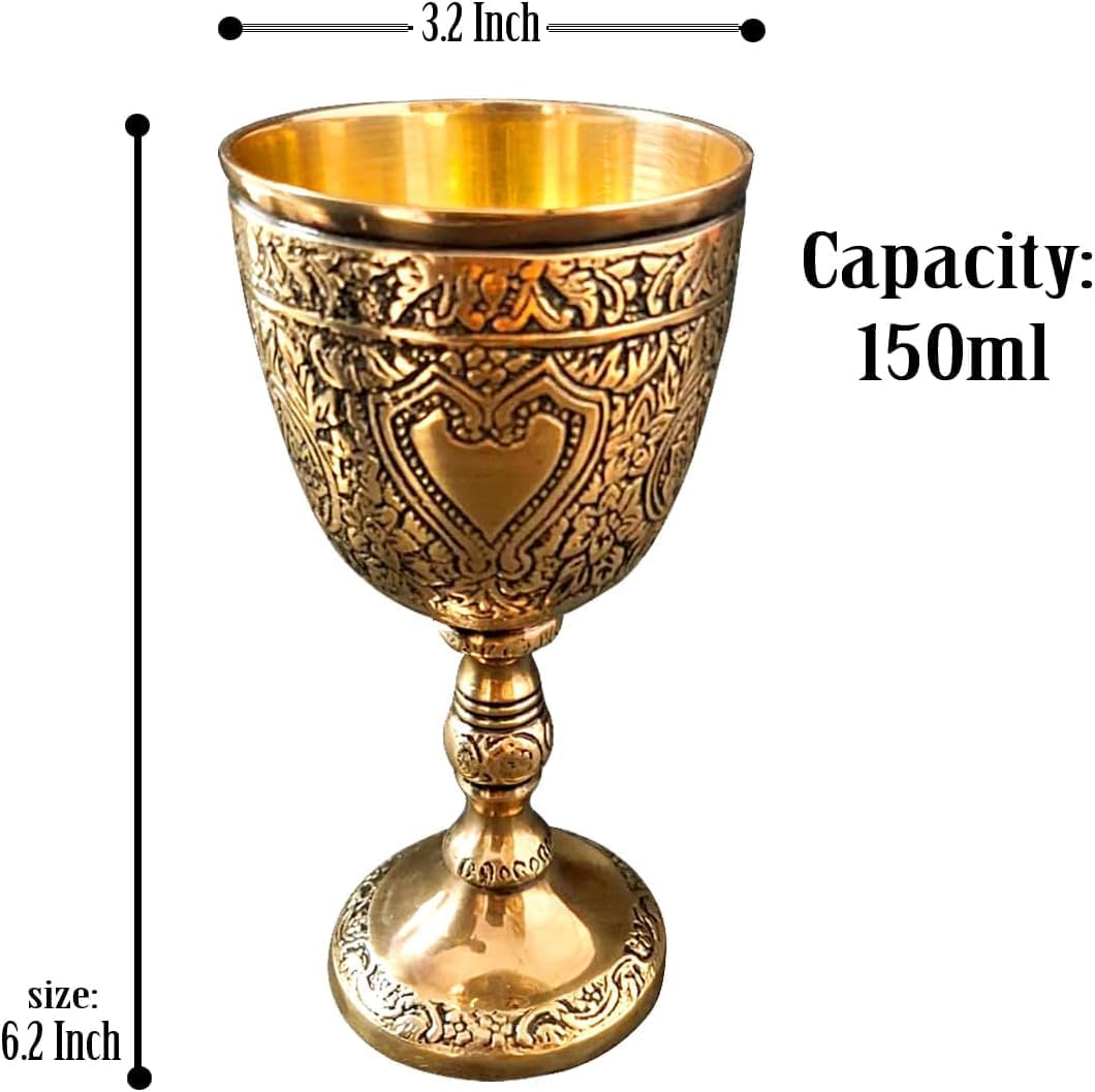 Handcrafted Brass Goblet Cup – Engraved Vintage Chalice 250 ml – Decorative Brass Wine Glass – Antique Finish Royal Drinkware for Home Décor & Gifting