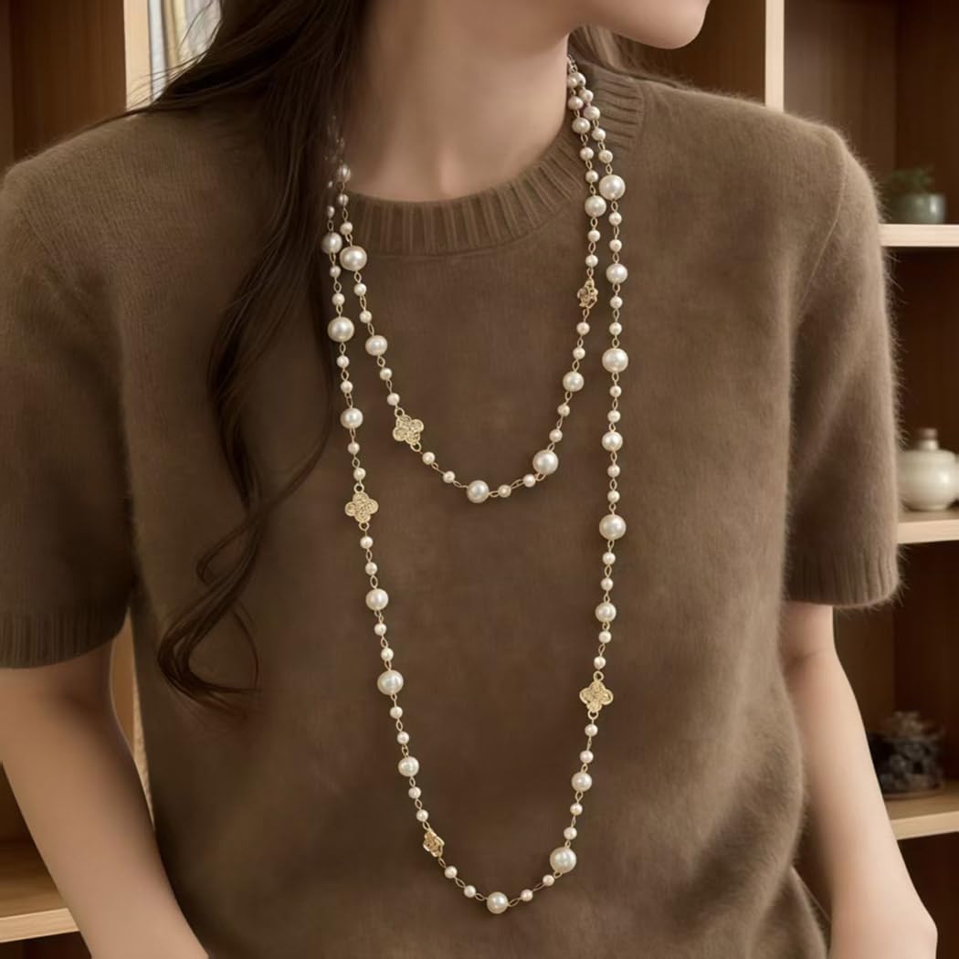 Gold Long Pearl Necklace for Women Layered Strand Y2K Pendant Necklace Statement Sweater Chain Jewelry
