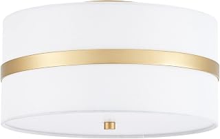 Semi Flush Mount Ceiling Light Fixture, Thin Pale Gold Brush Paint Finish Modern Ceiling Lamp with Cream White Fabric Drum Shade for Nursery Kids Room Bedroom Kitchen Hallway Entryway 3-Light