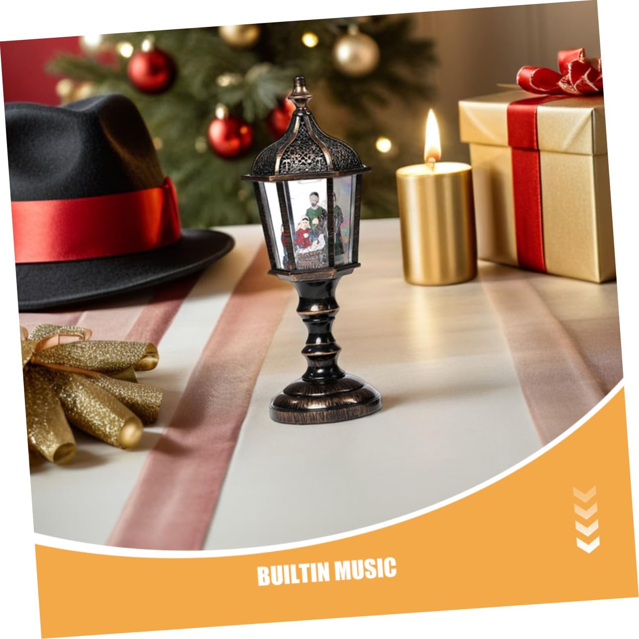 2pezzi Lanterna di Natale Illuminata in Resina Musica Luce Decorativa da Tavolo per Feste Natalizie Opzione Alimentazione USB o Batteria Ornamento da Tavolo Luminoso per Casa
