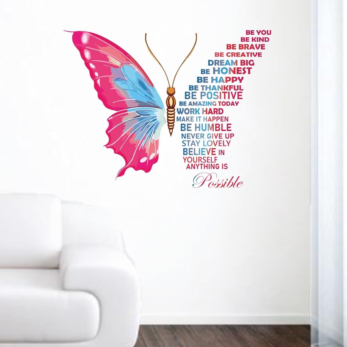 Decal O Decal Vinyl Blue Butterfly with Motivational Quotes ' Wall Stickers (Pack of 1, Pink Butterfly with Life Improvement Positive Quotes), self-adhesive, 90 cm