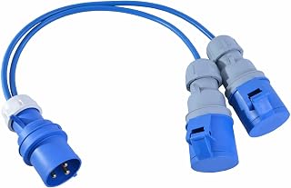 32A Plug to 2 x 16A Sockets. 1.5mm Arctic Blue Power Splitter - 0.5M