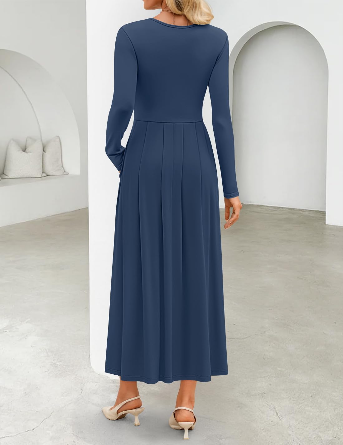 ZESICA Women's Elegant Long Sleeve Maxi Dress 2026 Spring Crewneck Knit High Waist Pleated Flowy A Line Casual Party Dresses - Image 4