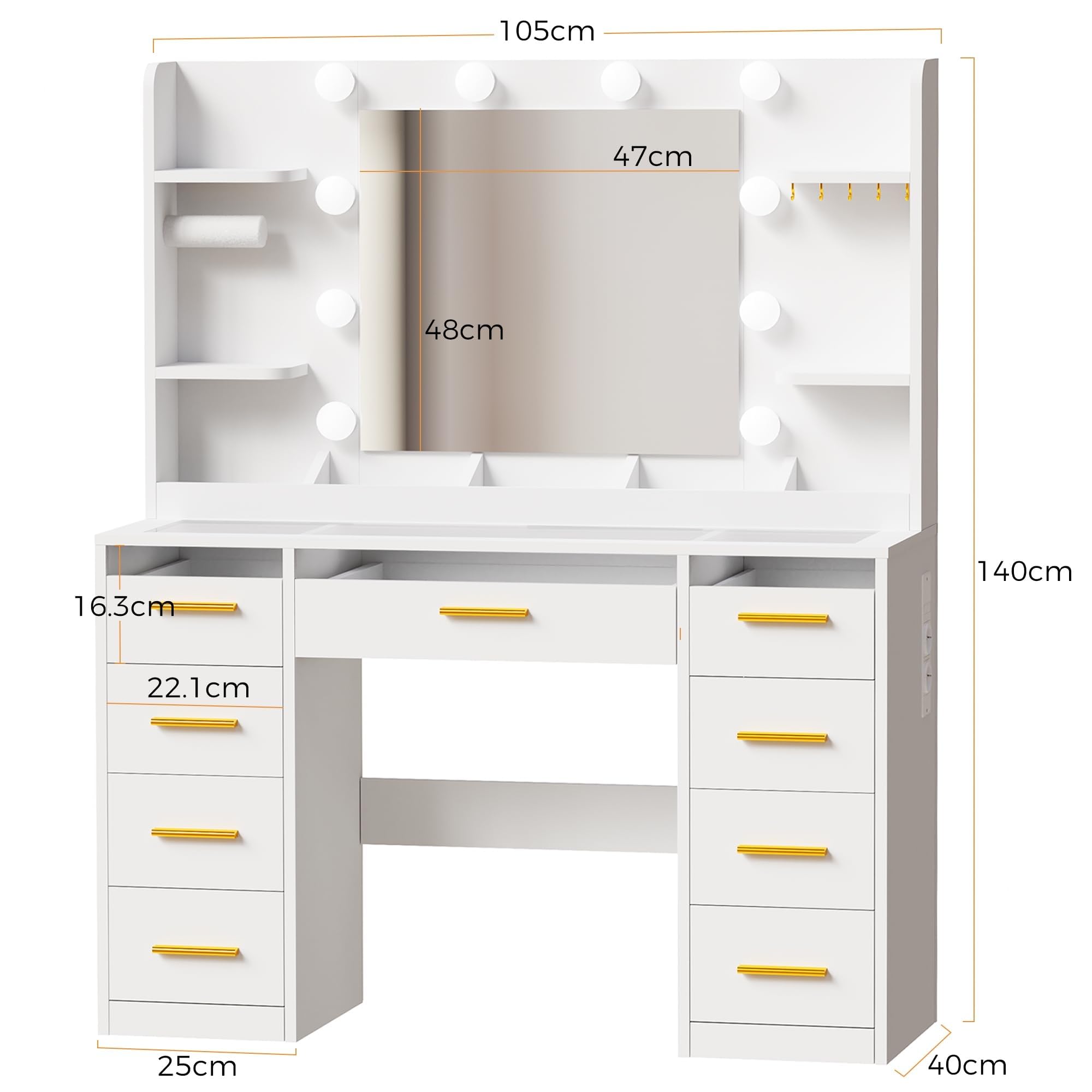 ANWBROAD Coiffeuse avec Miroir et Éclairage LED 3 Couleurs Grande Coiffeuse avec Plateau en Verre 9 Tiroirs RGB 4 Étagères Table de Maquillage avec Prise de Courant pour Chambre Moderne Blanc BDT95W