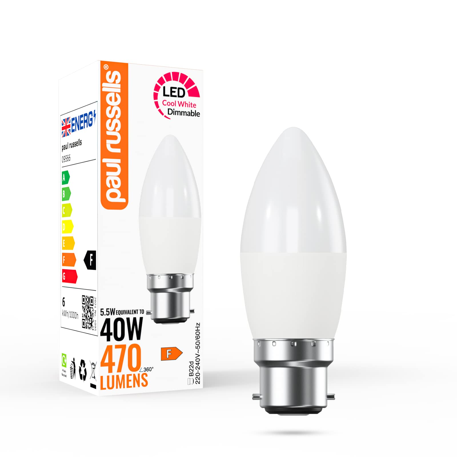Paul Russells Cool White Led Candle – Dimmable Bayonet Fitting Light, 5.5W 470Lm B22 C37 Led Bulbs, 40W Equivalent, 4000K /Natural White, Dimmer Bc Energy Saving Ceiling Lightsbulbs, Pack Of 1