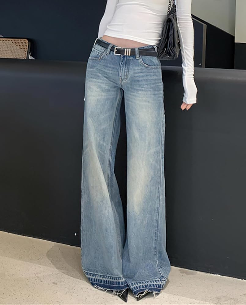 パンツ RAN select item Wide flare blackdenim Flamingals Low Rise Straight Leg Wide Leg Baggy Jeans Women