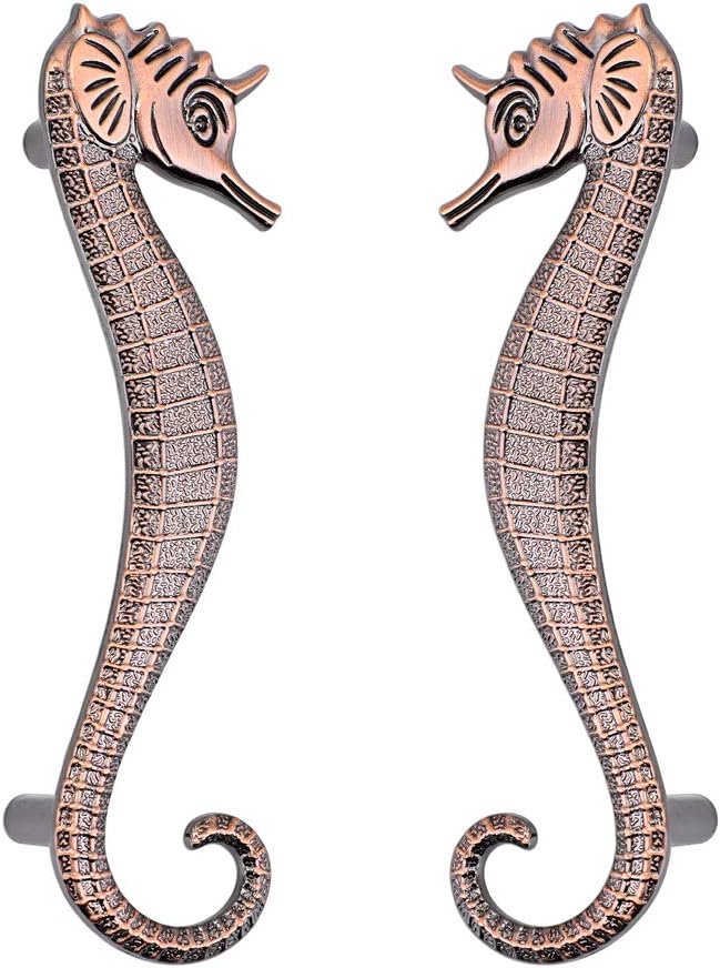 JUXYES Beach Ocean Theme Seahorse Shaped Drawer Handle Pulls, Marine Style Dresser Drawer Pulls Zinc Alloy Coastal Metal Decorative Drawer Pulls for Cupboard Cabinet Dresser Closet (Red Bronze)
