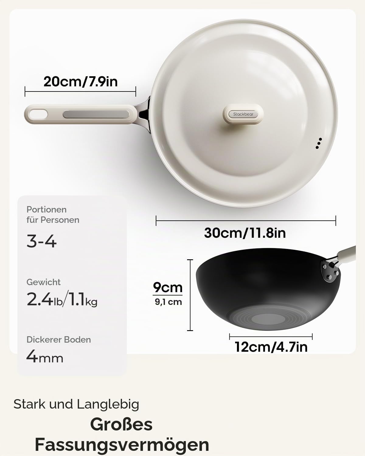 Karbonstahl Woks & Wokpfannen 30 cm, vorgebrannt, flacher Boden, Wokpfanne induktion mit Deckel, leichtes Kochgeschirr für alle Herdplatten, Wok pfanne für Gas und Elektro, Wok induktion