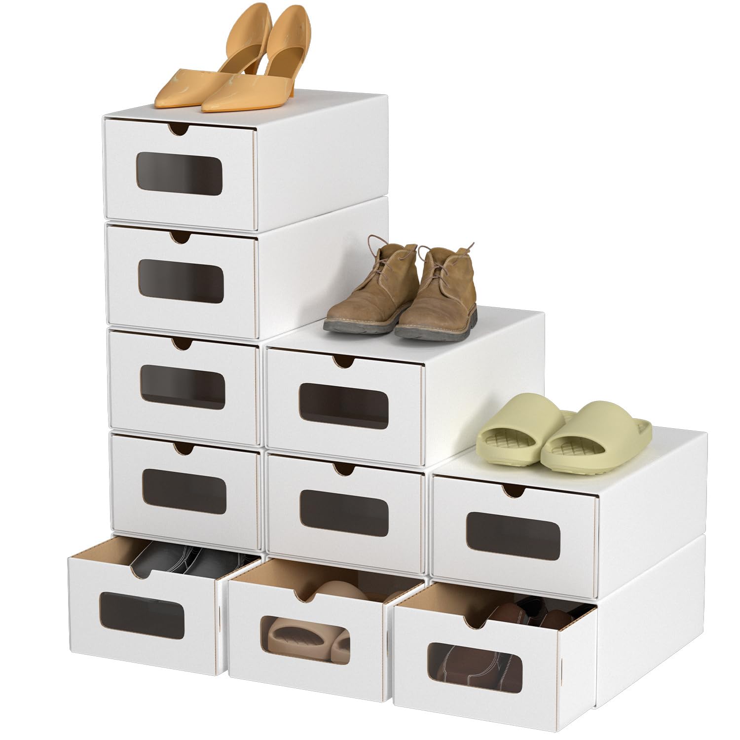 Scatole portaoggetti con finestra, set da 10 pezzi, 33 x 30 x 35 cm, scatole impilabili in cartone, scatole per scarpe e giocattoli, per accessori e accessori, bianco