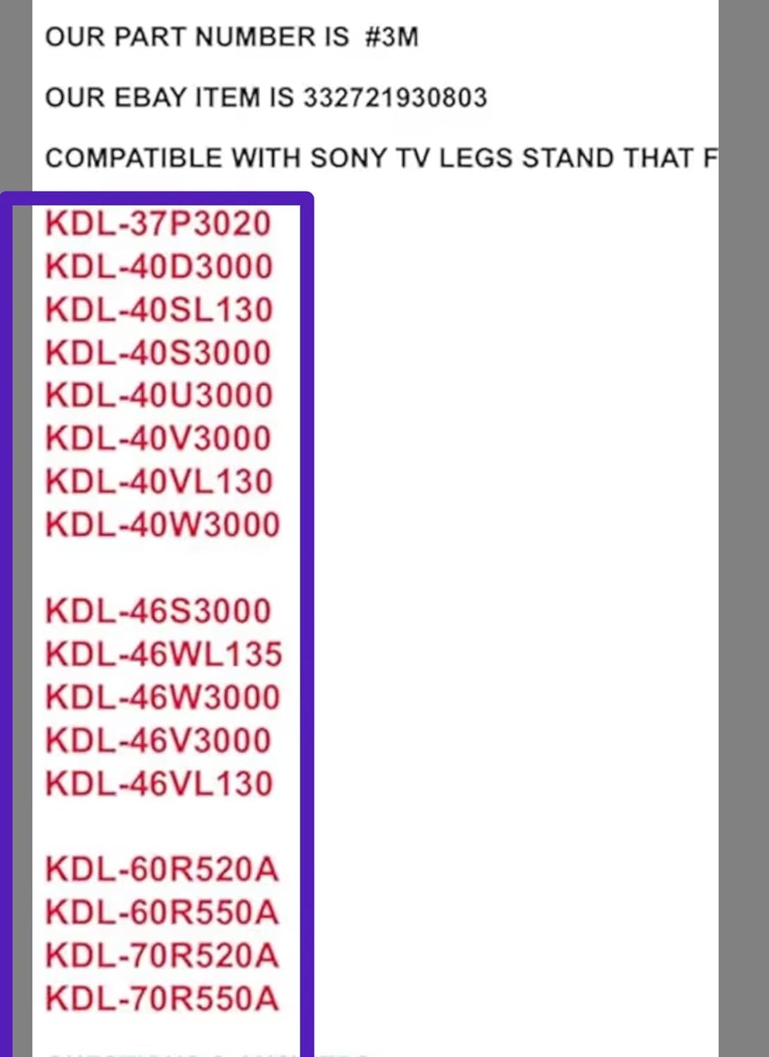 #3M Compatible with Sony TV Legs Stand KDL-46S3000 KDL-46WL135 KDL-46W3000 KDL-46V3000 KDL-46VL130 KDL-60R520A KDL-60R550A KDL-70R520A KDL-70R550A Made in USA