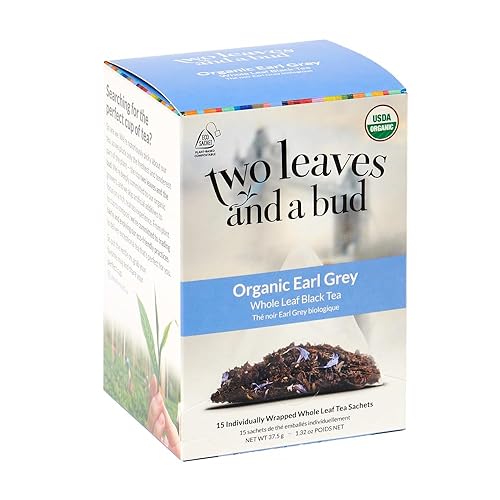 Two Leaves and a Bud Bolsas de té Earl Grey orgánico, té negro con cafeína de hoja entera en sobres compostables, té negro con cafeína saborizado