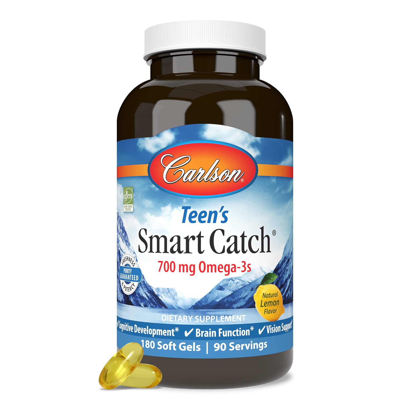 Carlson - Teen's Smart Catch, 700 mg Omega-3s, Cognitive Development, Brain Function & Vision Support, Lemon, 180 Softgels