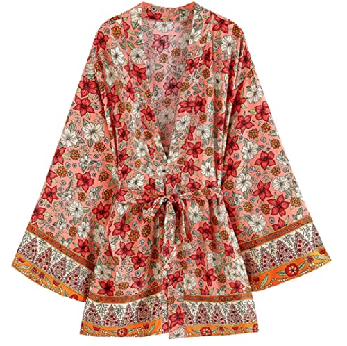 Bqxxdeo Boho Vintage Rayonne Coton Court Kimonos Imprimé Fleuri Plage Couverture Ups Ceintures 3/4 Manches Femmes Vêtements Haut De Bikini Orange XL Cover
