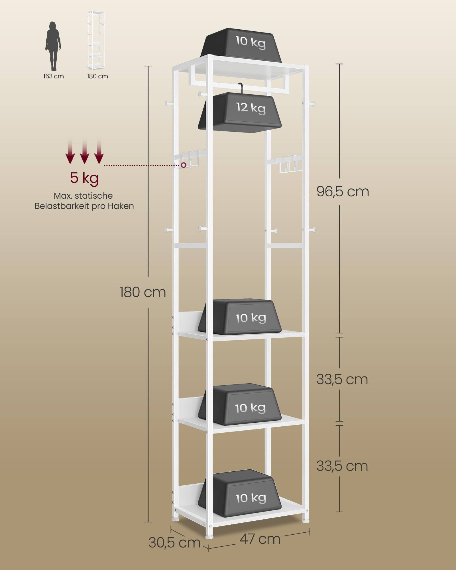 VASAGLE Kleiderständer, Garderobenständer mit Kleiderstange und Haken, Garderobe mit Ablagen, Stahlrahmen, für Kleidung, Taschen, Hüte, wolkenweiß RCR061WC02