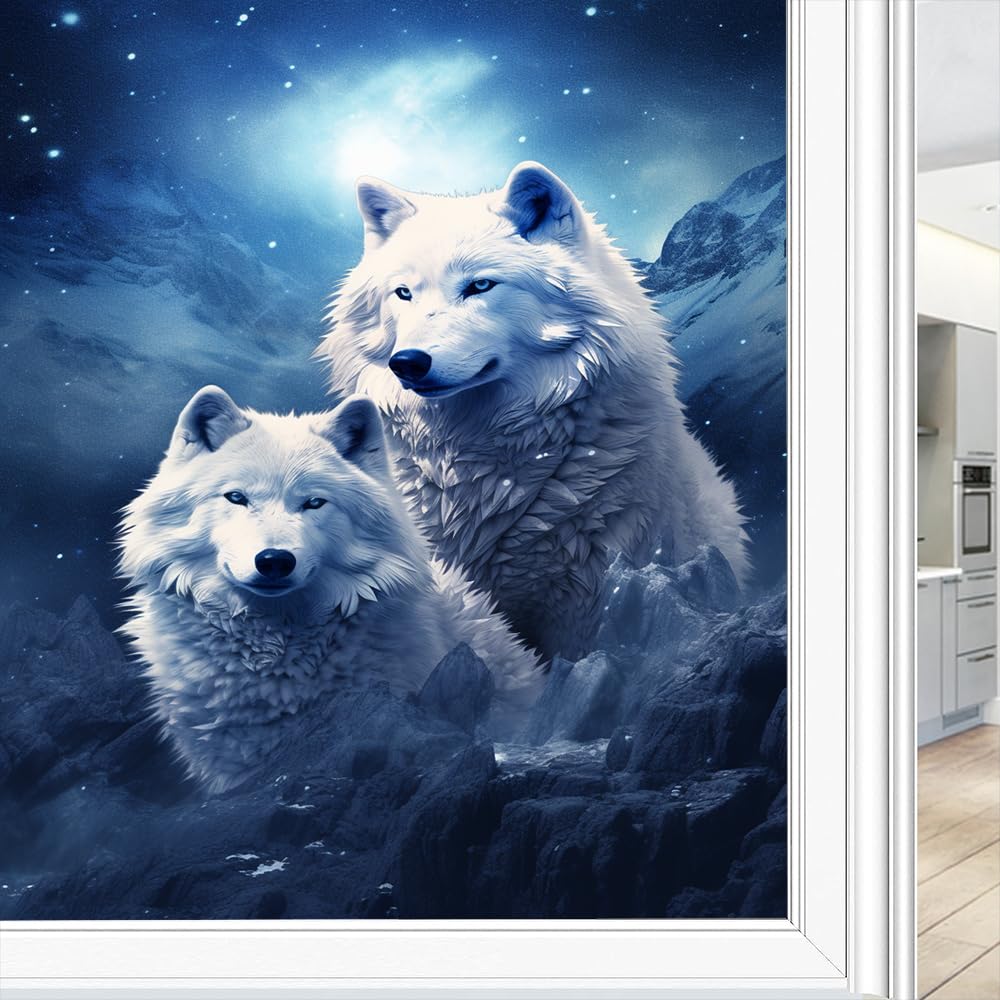 Foccar Style E Wild Wolf Privacy Window Film Blue Fantasy Mountain Animal Stained Glass Window Coverings No Glue Static Cling Window Film For Home Office Stores 70 X 120 Cm