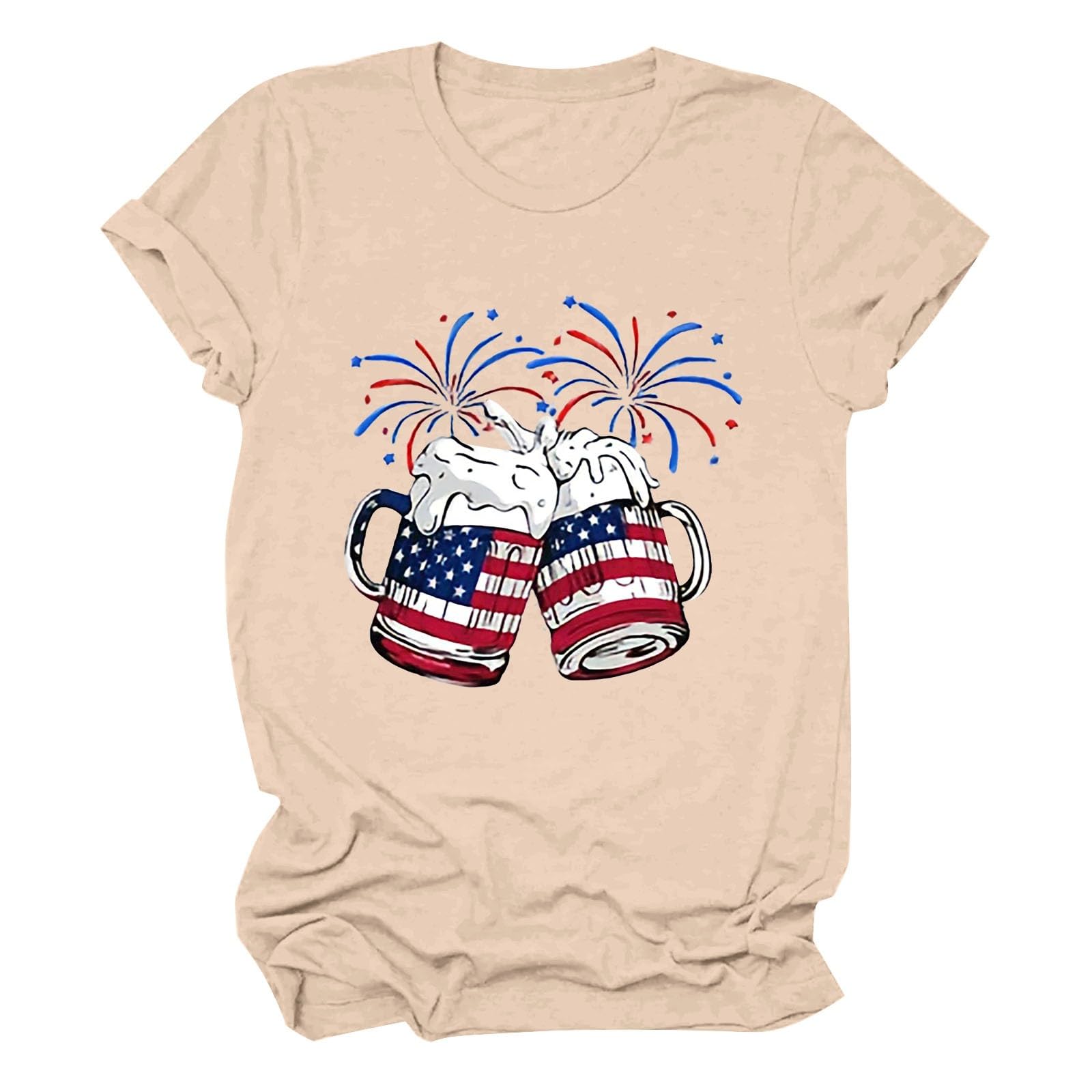 GenericBeer and Flag Print 4th of July Shirts for Women Short Sleeve Tee Shirts Independence Day Holiday Blouses Tops