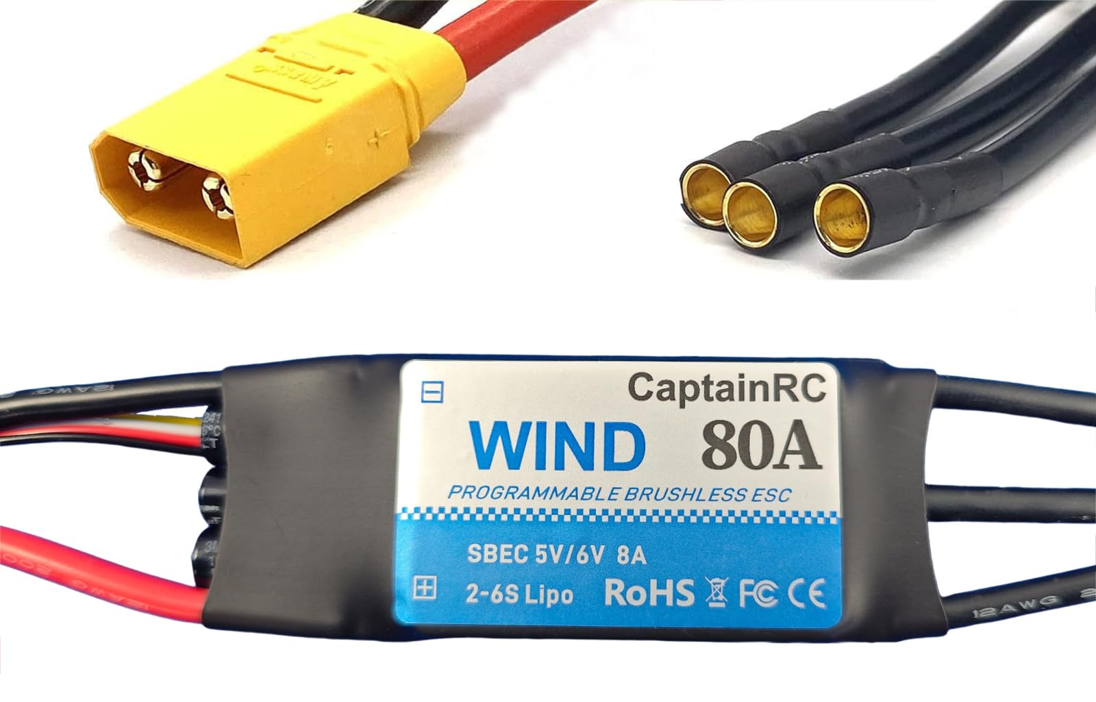 captainrc 80A ESC with 5V 6V/8A BEC 2-6S Electric Speed Controller with XT60 & 4.0mm Bullet Plugs for Fixed Wing Airplane/RC Drone Airplane/Brushless