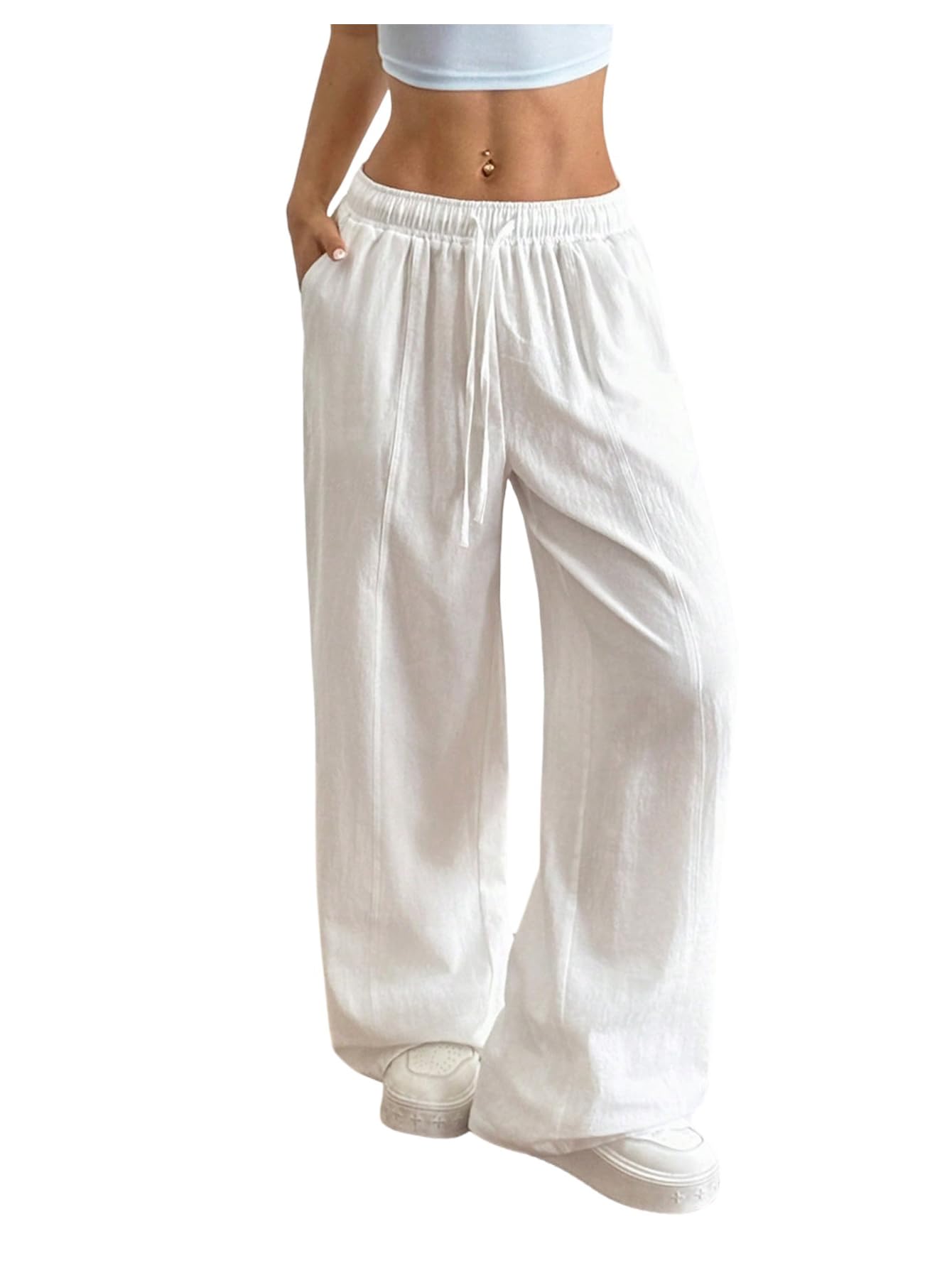 SOLY HUX Womens Summer Wide Leg Flowy Beach Pants Drawstring Waist Loose Palazzo Trousers with Pocket