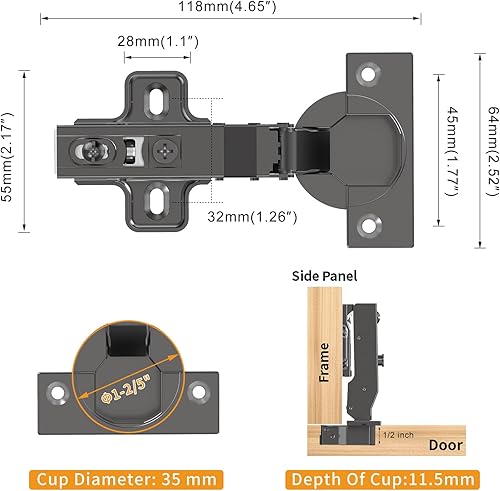 Miniatura 6 de 10 bisagras de cierre suave superpuestas de 34 pulgadas, placa de clip, 105 grados, hidráulica silenciosa, bisagra oculta europea sin marco negro