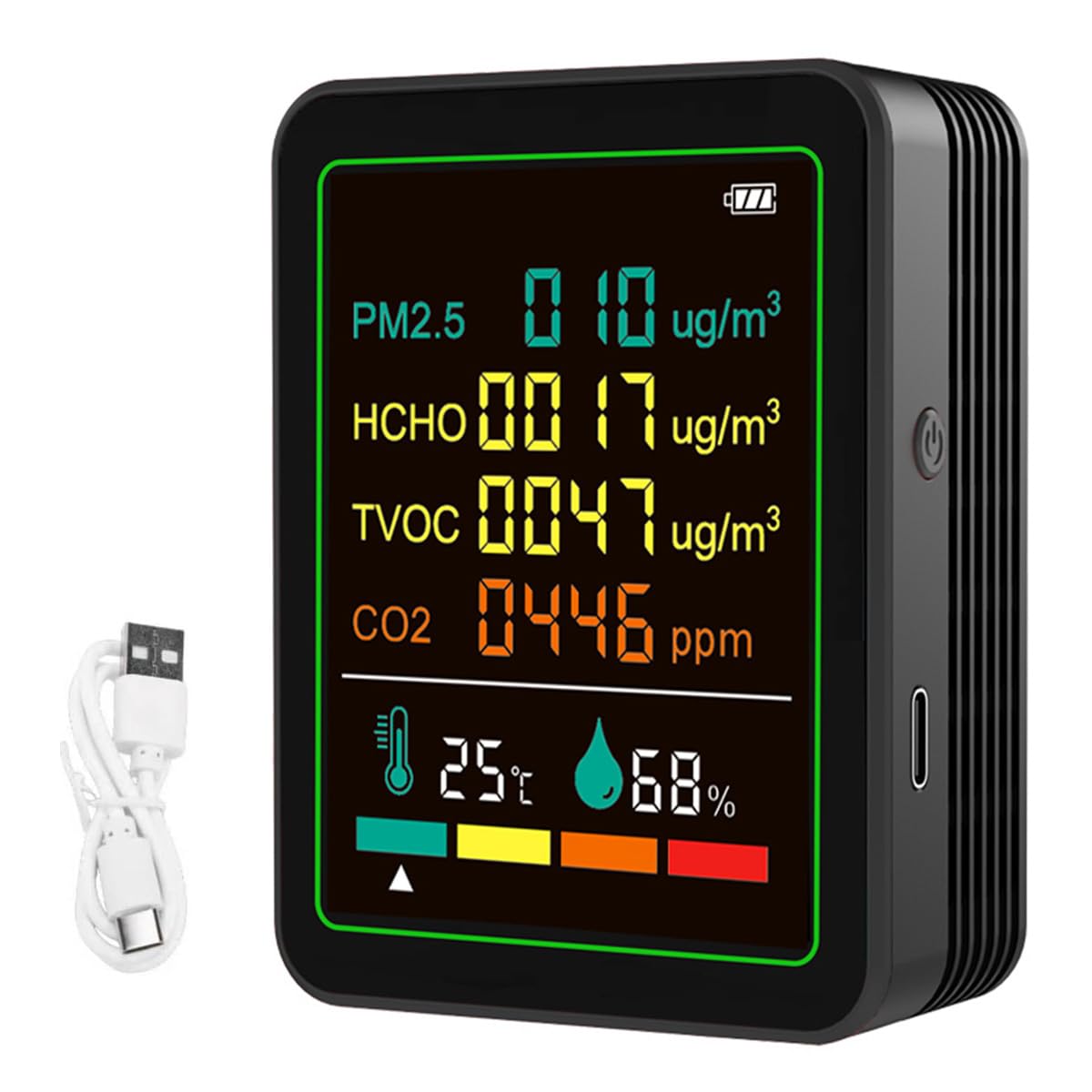 6 in 1 Air Quality Monitor Indoor, CO2 Detector with PM2.5 HCHO TVOC Temp Humidity, CO2 Monitor, Carbon Dioxide Meter with LCD Display Black for Home, Office,Wine Cellar, Car